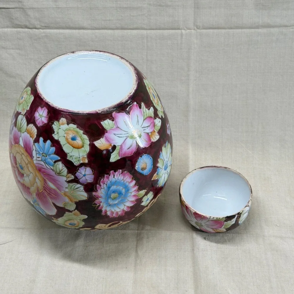 Vintage Floral Ginger Jar Oxblood Ceramic Lidded Vase Grandmillennial Decor